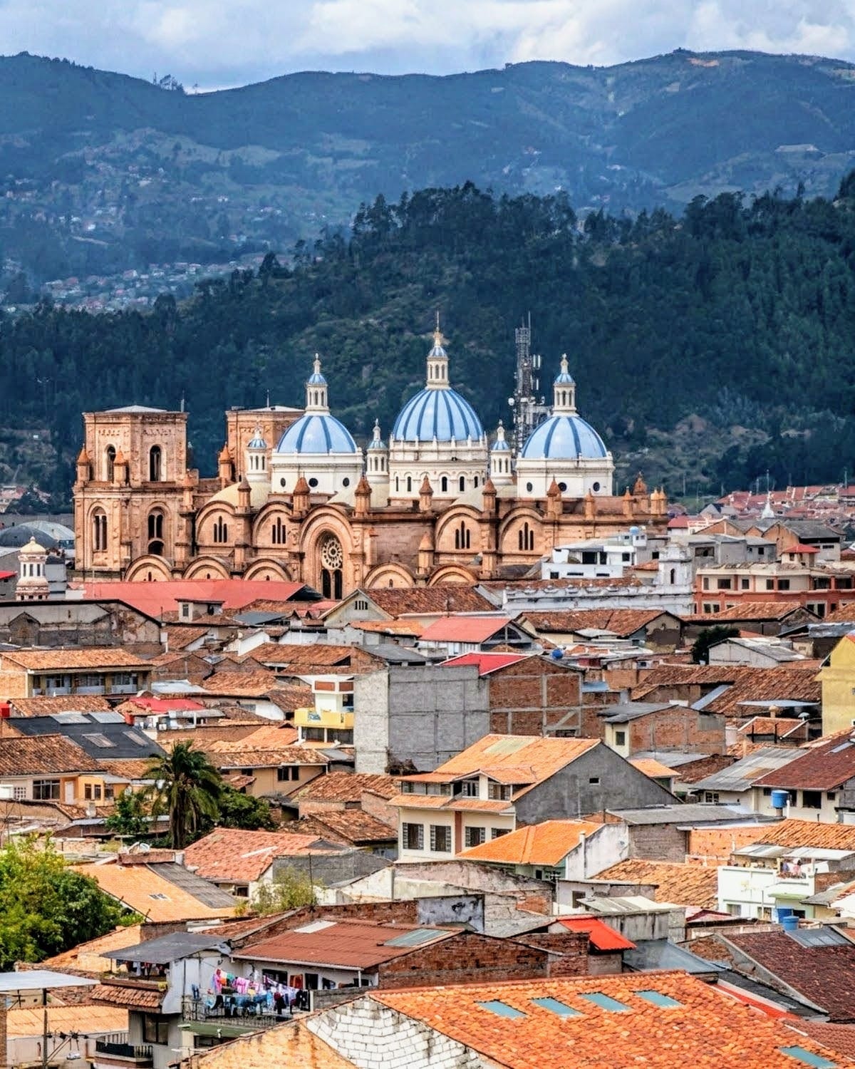 The New Cathedral over the rooftops of Cuenca, Ecuador